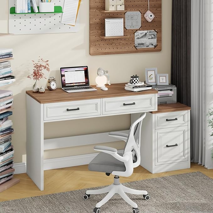 Vabches 61" Farmhouse Computer Desk with Storage and File Drawer, Executive Desks with Printer Stand, Rustic Large Home Writing Desk for Home Office.