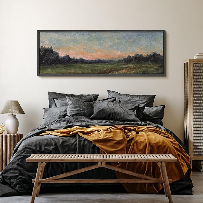 SIGNFORD Large Framed Canvas Quiet Green Field at Dusk Illustrations Modern Art Calm Warm for Living Room, Bedroom, Office - 60"x20"
