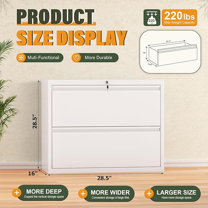 Greenvelly 2 Drawer File Cabinet, White Lateral File Cabinet with Lock, Metal Filing Cabinet for Home Office, Lockable Metal File Cabinet for Legal/Letter/A4/F4 Size with Hanging Bars&Key