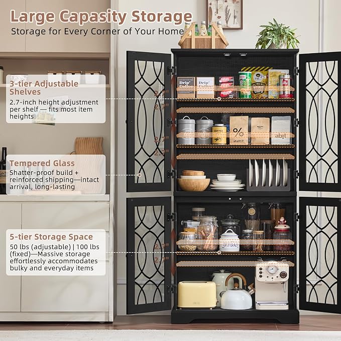 67" Tall Bookshelf Set of 3, Vintage Book Shelf with Glass Doors, 5-Tier Wood Bookcase w/Adjustable Storage Shelves, Freestanding Rustic Curio Display Cabinet for Living Room, Office, Black