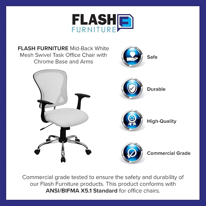 Flash Furniture Alfred Mid-Back White Mesh Swivel Task Office Chair with Chrome Base and Arms
