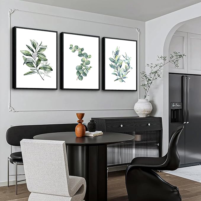 hyidecorart Large Wall Decor Wall Art For Living Room black Framed For Bedroom Room Green Leaves Wall Paintings Office Decor Wall Pictures Kitchen Wall Decoration Set Of 3 Piece Framed Prints Art
