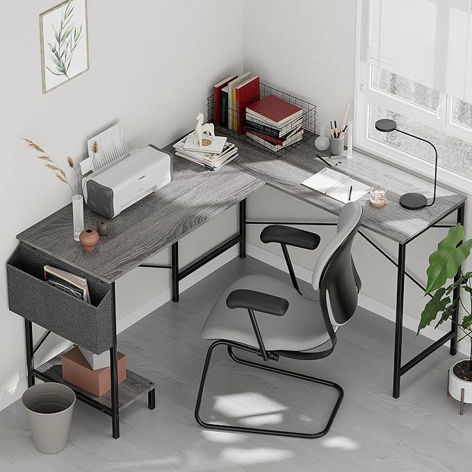 L Shaped Desk - 50" Reversible Home Office Computer Desk, Wood Top, Metal Frame, Side Bag, Sturdy Gaming Desk Corner Table for Work, Writing and Study, Space-Saving