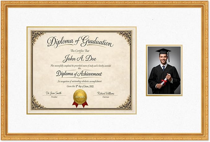 Diploma Frame With Photo Opening Museum Gold Oyster Shell Over Gold Mat - Fits 15 x 12 Degree and Picture Made in the USA