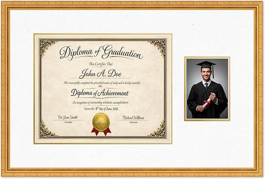 Diploma Frame With Photo Opening Museum Gold Oyster Shell Over Gold Mat - Fits 15 x 12 Degree and Picture Made in the USA