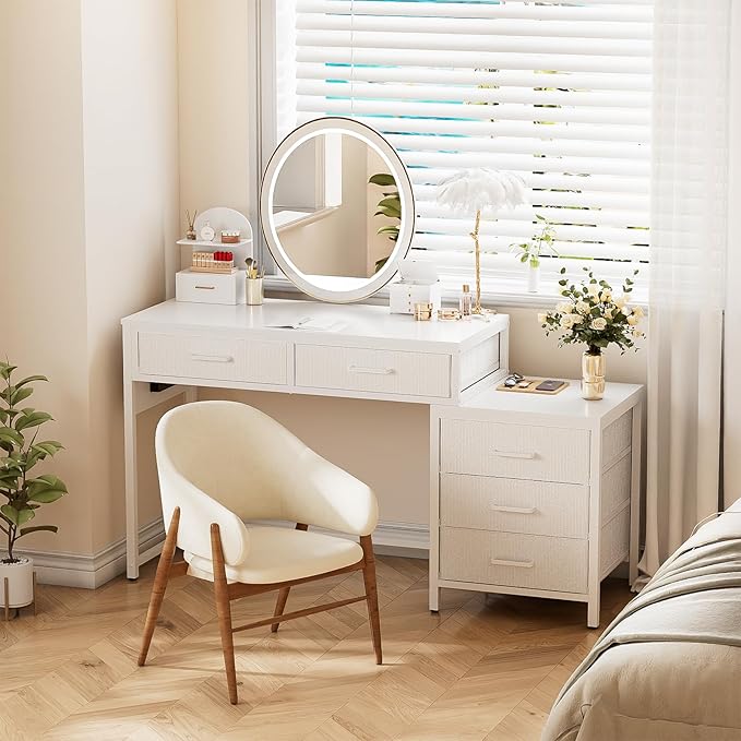 Unikito Reversible Computer Desk with 5 Drawers, Sturdy Office Desk with Power Outlets and USB Ports, Study Writing Table with File Cabinet & Printer Stand, Vanity Desk with Storage, White