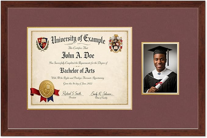 CountryArtHouse Fits 14 x 11 College Diploma (Modern) and 5 x 7 Photo Diploma and Photo Frame Rustic Walnut Genuine Hardwood with Dark Red Over Metallic Gold Double mat