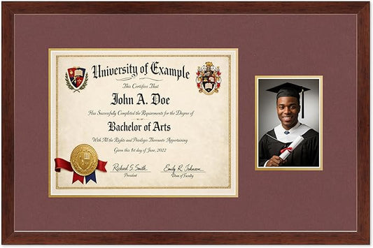 CountryArtHouse Fits 14 x 11 College Diploma (Modern) and 5 x 7 Photo Diploma and Photo Frame Rustic Walnut Genuine Hardwood with Dark Red Over Metallic Gold Double mat
