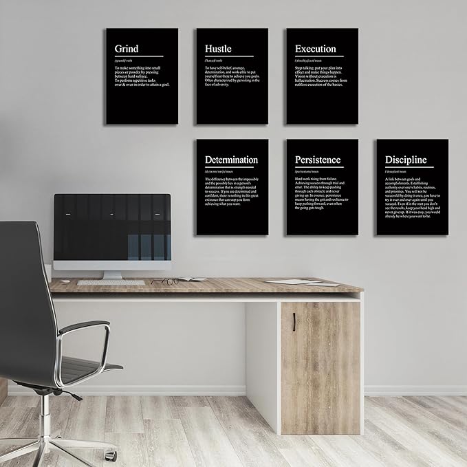 COSCTOR Set of 6 Grind Hustle Execution Discipline Determination Persistence Motivational Wall Art Picture Decor Canvas Framed for Office Garage Workplace Inspirational Posters Paintings Ready to Hang(Framed,12x16)
