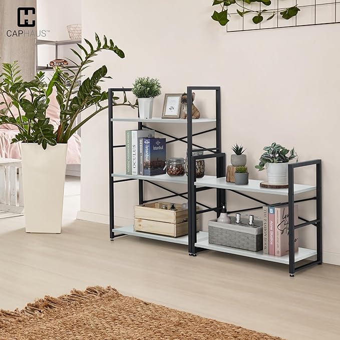 CAPHAUS 2 Tier Small Bookshelf, Bookcase Shelf Storage Organizer for Living Room, 24 Inch Width Free Standing Shelf, Industrial Book Shelves for Home Office, White Shelves & Metal Frame