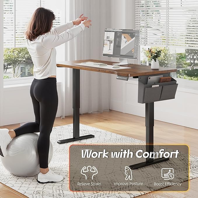 EnHomee Gaming Desk with LED Lights,Computer Desk Adjustable Electric Standing Height Office Desk with 3 Memory Preset,Storage Side Pocket and Cable Management,Rustic Brown，48 x 24 Inch