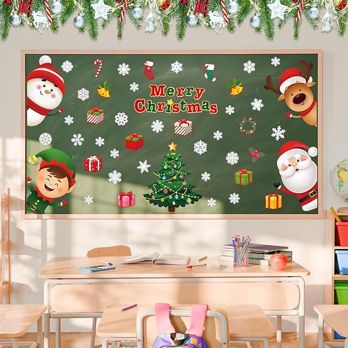 Christmas Bulletin Board Set Merry Christmas Theme Classroom Decorations Snowman Reindeer Elf Santa Paper Cutouts for Xmas Winter Holiday Chalkboard Home Wall Decor