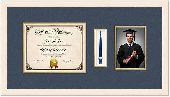 Diploma Tassel and Photo Frame Coastal Whitewash Shadowbox Navy Blue Over Gold Mat - Fits 10 x 8 Degree Picture Made in the USA