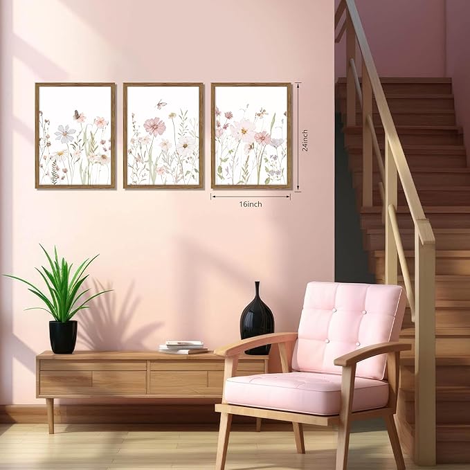 Framed Wildflower Wall Art Set of 3, Pink Floral Canvas Wall Decor Pictures, Vintage Flower Botanical Paintings, Nursery Flowers Butterfly Posters Prints for Bedroom Living Room 16x24 Inch