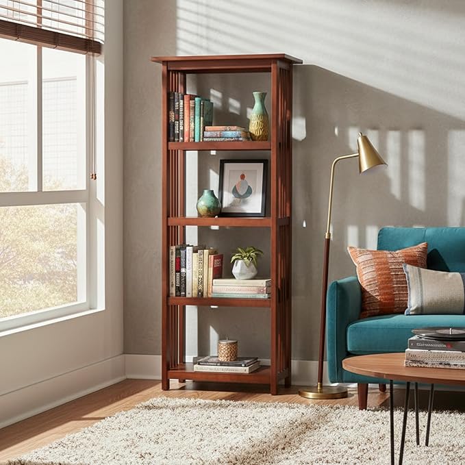 Alaterre Furniture Mission 4-Tier Bookcases with Adjustable Shelves – Mid-century Modern 60-Inch Wood Bookshelf for Living Room, Bedroom or Home Office (Cherry)