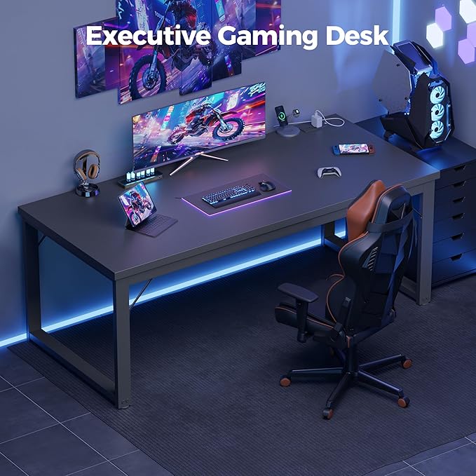 Mericonia 48 Inch Computer Desk with Power Outlets, 1.2" Thick Heavy Duty Industrial Office Desk, Modern Simple Study Writing Table for Home Bedroom Workstation, Black