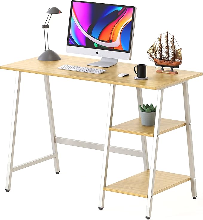 SHW 43-Inch Home Office Trestle Computer Desk with Open Storage Shelves, Oak