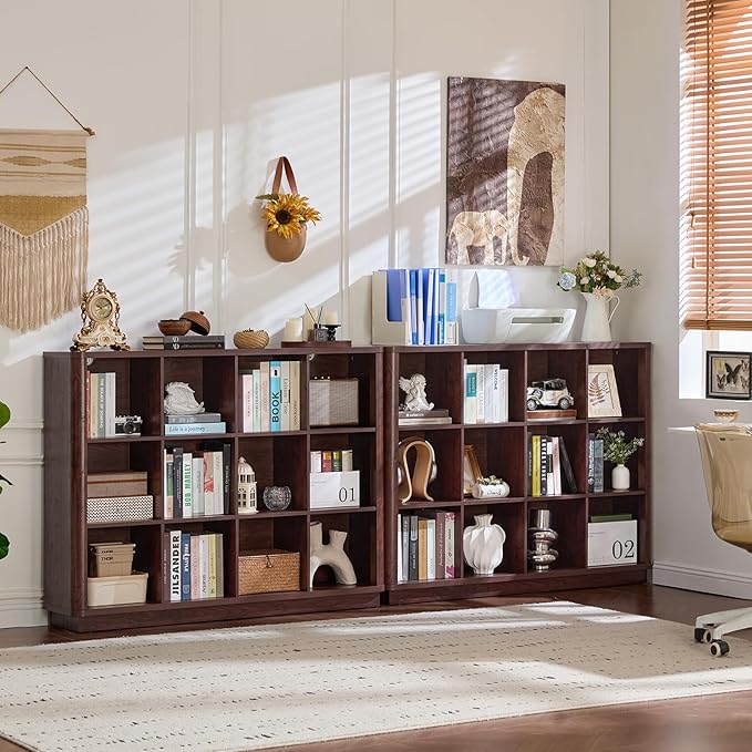 12 Cube Storage Organizer, 41" Large Bookshelf with Curved Edge, Wood Floor Standing 3-Tier Cubby Bookcase w/Base, Vintage Display Storage Cabinet, Book Case for Living Room, Office, Walnut