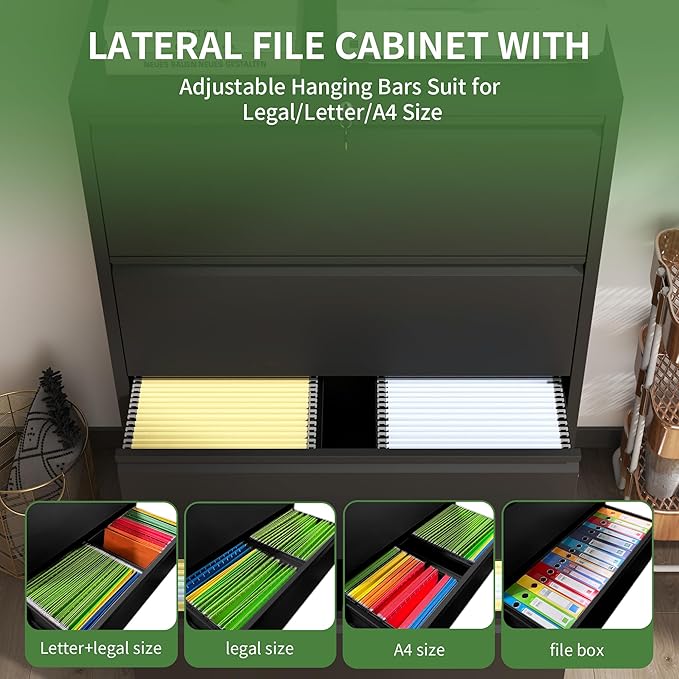 4 Drawer File Cabinet,Metal Lateral Filing Cabinet with Lock,Home Office Storage Organizer Cabinet for Legal/Letter/A4/F4 Size Files,35.5" W,Black
