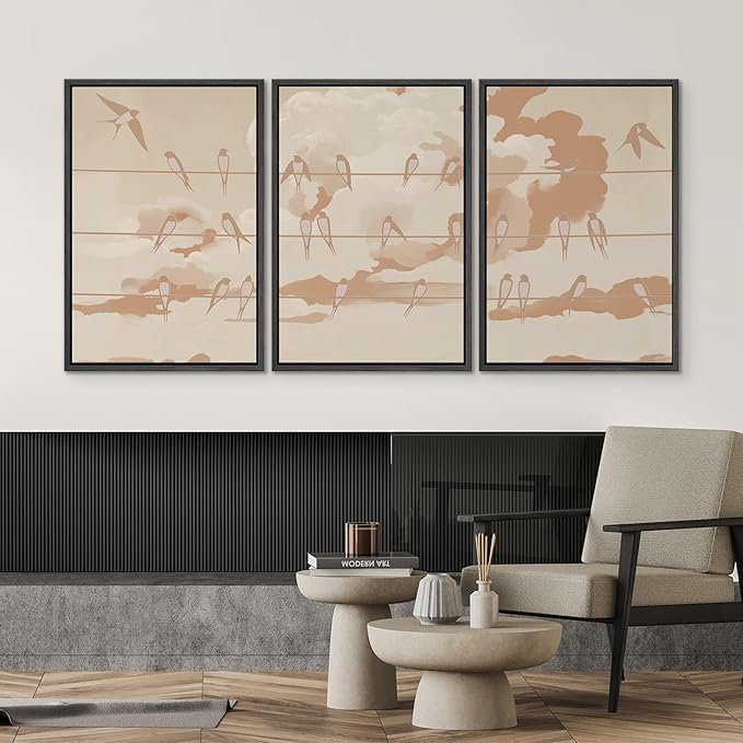 SIGNWIN Framed Canvas Print Wall Art Set Minimal Birds on Wires Neutral Sky Illustrations Modern Art Decorative Nordic Abstract for Living Room, Bedroom, Office - 16"x24"x3 Black