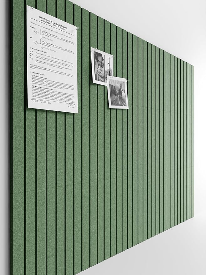 Bumusty Large Cork Board Alternative-48 x 36" Felt Bulletin Board Tiles, with 30 Pushpins, 70 Adhesive Tabs, 12-Pack Slat Wall Paneling, Cork Boards for Office Push Pin Board Felt Board-Moss Green