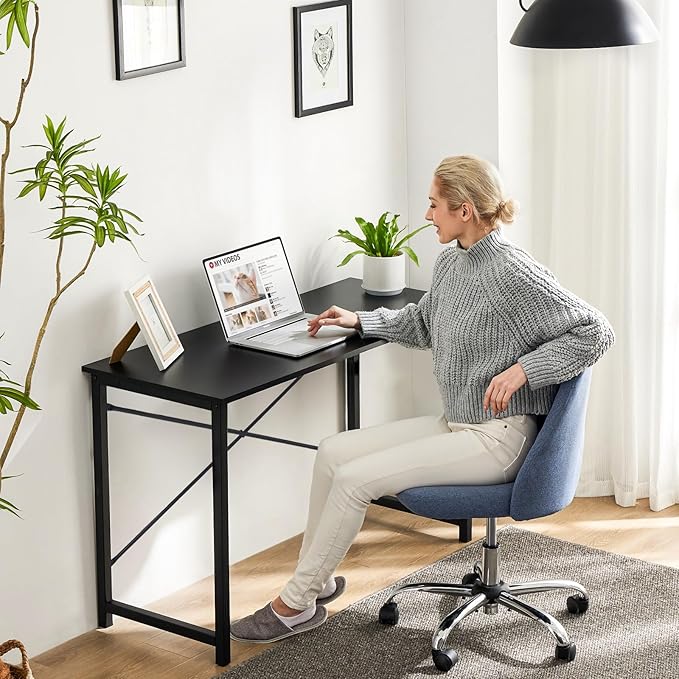 Sweetcrispy Small Computer Desk,47 Inch Office Writing Work Desk with Metal Frame Wooden Tabletop, Student Study Home Bedroom Table with X-Shaped Reinforcement, Black