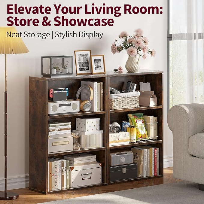 ALISENED 3-Tier Shelf Bookcase, Open Storage Bookshelf, 23.6“ × 9.4” × 35.2“, Storage Organizer Shelving for Home Office, Livingroom and Bedroom, Rustic Brown