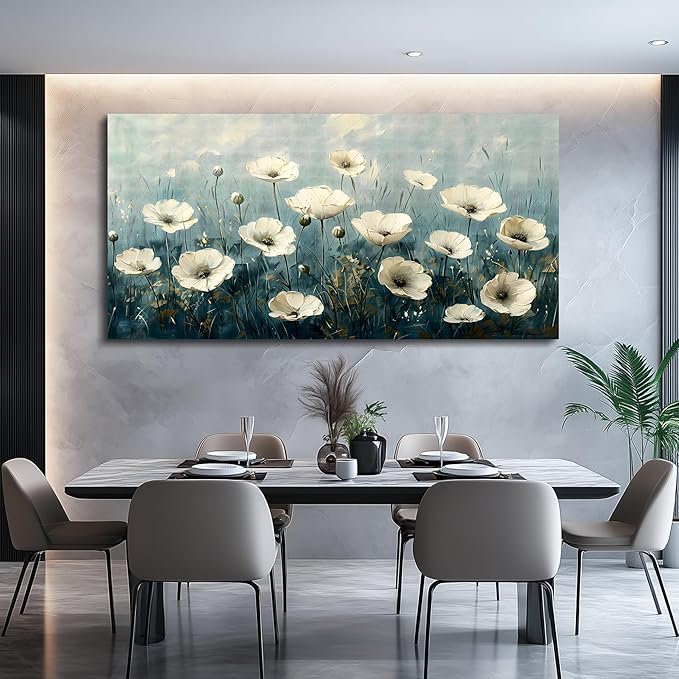 FUHAIHUA Canvas Wall Decor For Bedroom Large Wall Art For Living Room Office Decorations White Flowers Landscape Painting Modern Wall Pictures Aesthetics Posters Ready To Hang Home Decor 24x48 In