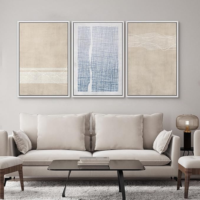 SIGNWIN Framed Canvas Print Wall Art Set Tan Blue Geometric Landscape Abstract Shapes Cozy Neutral Modern Art Decorative Boho Relax/Zen Nordic for Living Room, Bedroom, Office - 24"x36"x3 White