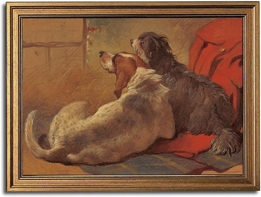 Gold Framed Wall Art Vintage Canvas Wall Art Hound and Bearded Collie Seated on a Hunting Coat Artwork Prints Picture for Living Room Bedroom Farmhouse Bathroom Office Decor, 16x24