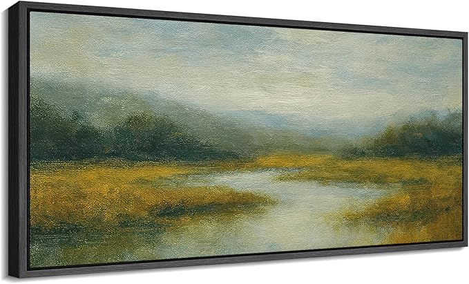 SIGNFORD Extra Large Framed Canvas Misty Meadow River Landscape Illustrations Modern Art Calm Warm for Living Room, Bedroom, Office - 60"x30"