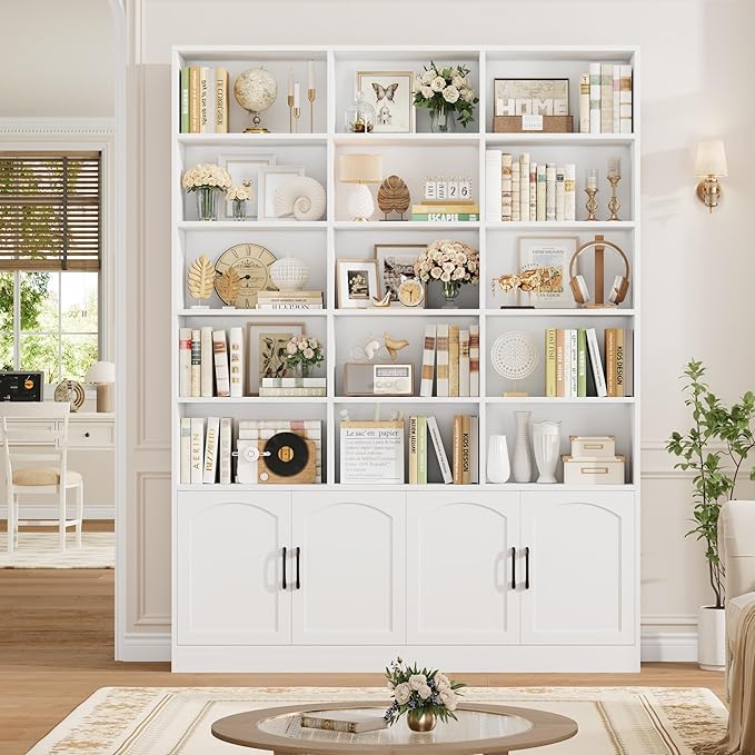 FACBOTALL 82.3" Triple Wide Bookshelf, 7-Tier Tall Bookcase with 15-Cube Open Bookshelf & 4 Doors, Large Bookshelf with Storage Cabinet, Modern Bookshelf for Living Room, Office, Study Room, White