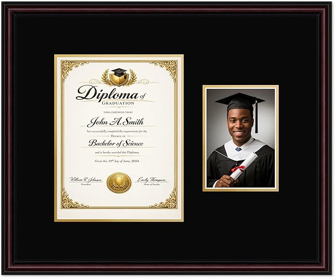 CountryArtHouse Fits 8.5 x 11 Certificate (Portrait) and 5 x 7 Photo Diploma and Photo Frame Executive Brown Genuine Hardwood with Black Over Metallic Gold Double mat