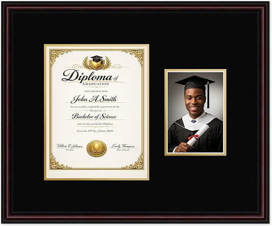 CountryArtHouse Fits 8.5 x 11 Certificate (Portrait) and 5 x 7 Photo Diploma and Photo Frame Executive Brown Genuine Hardwood with Black Over Metallic Gold Double mat