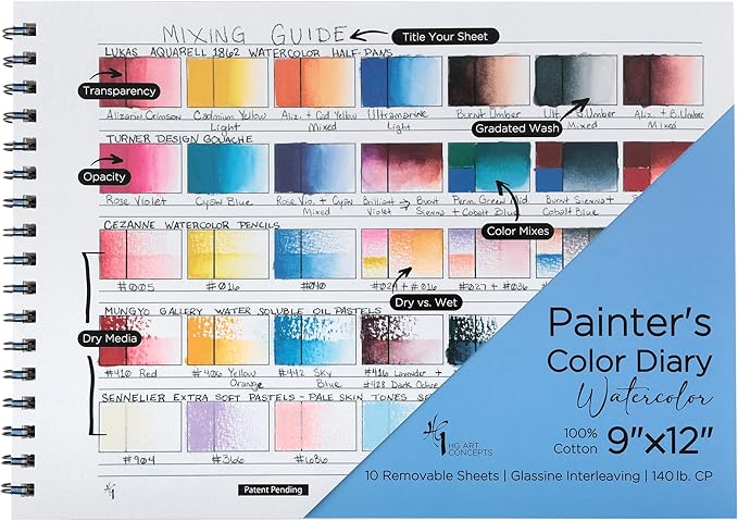 Painters Color Diary - 9x12 140lb Spiral-Bound Acid-Free Color Swatch Book with 10 Pages for Watercolor & Mixed Media - 2 Pack