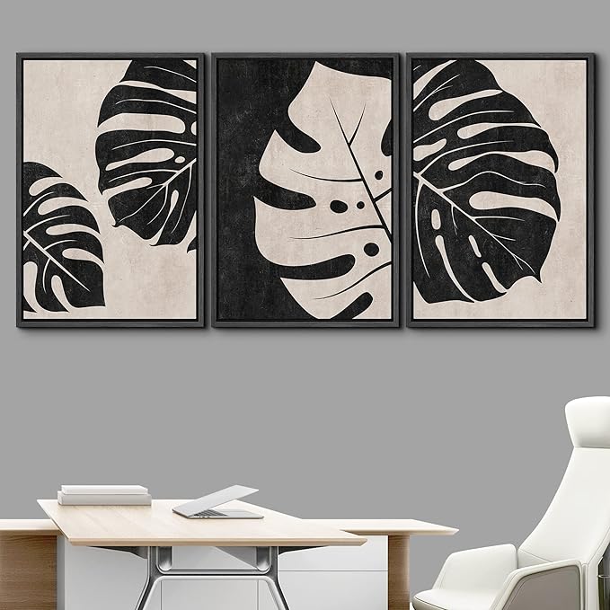 IDEA4WALL Framed Canvas Print Wall Art Set Tan Black Tropical Jungle Safari Monstera Leaves Abstract Shapes Illustrations Modern Art Nordic for Living Room, Bedroom, Office - 16"x24"x3 Black