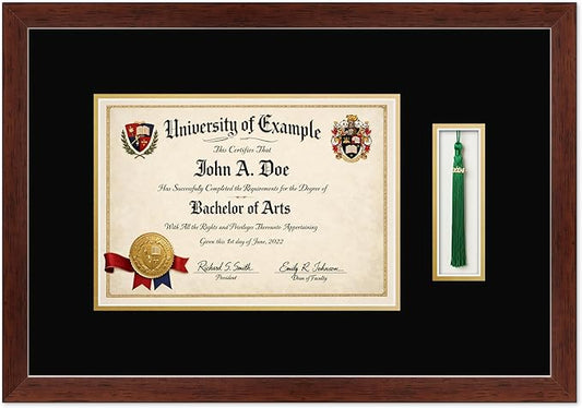CountryArtHouse Diploma and Tassel Frame Fits 11.69 x 8.27 A4 Certificate with Tassel Hook Rustic Walnut Genuine Hardwood Shadowbox with Black Over Metallic Gold Double mat