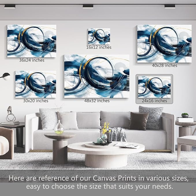 gaosoul Modern Abstract Canvas Wall Art Dynamic Blue Gold Lines Doodled on White Background Paintings Framed Minimalism Artwork Prints for Living Room Bedroom Office Decor 24x16in