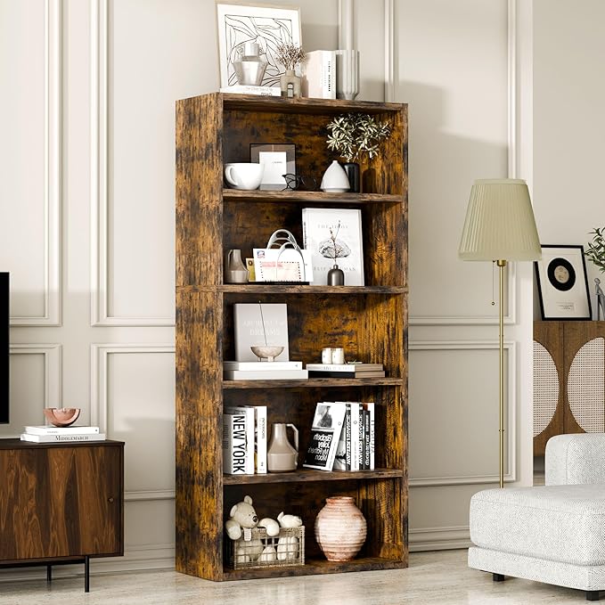 5-Tier Bookcase and Bookshelves, Freestanding Wood Bookshelf, 53" Tall Bookcase with Adjustable Shelves, for Living Room, Bedroom, Home Office, Retro Brown