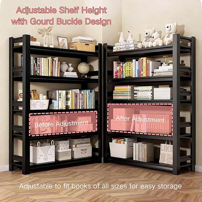 40" W*72" H Book Shelf，5 Tier Metal Wide Bookshelf，Heavy Duty Book Shelfs，Adjustable Shelving Unit，Tall Bookcase，Industrial Bookshelf for Living Room，Bedroom，Office and Library