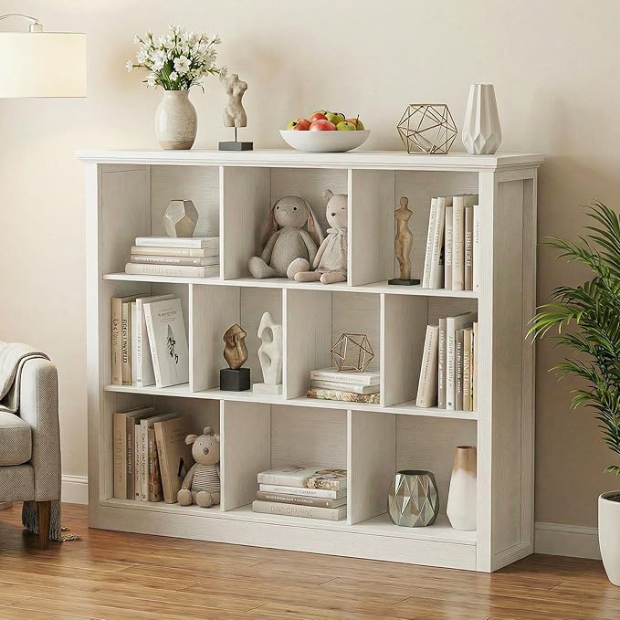 Unikito 10 Cube Storage Book Shelf - 50" Wide Wood Cube Storage Organizer, Wooden 3 Tiers Floor Standing Low Bookcase for Living Room, Bedroom, Home Office, Kids Room