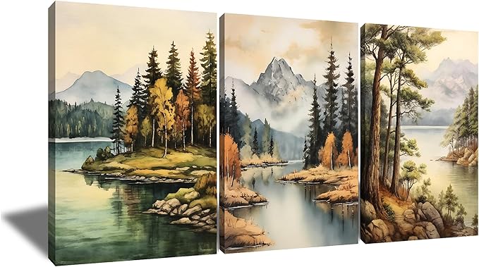 Forest Canvas Wall Art Mountain Green Trees Lake Landscape 3 Pieces Painting Posters Abstract Theme HD Picture Print Artwork for Modern Home Bedroom Living Room Hotel Ready to Hang [48''Wx24''H]