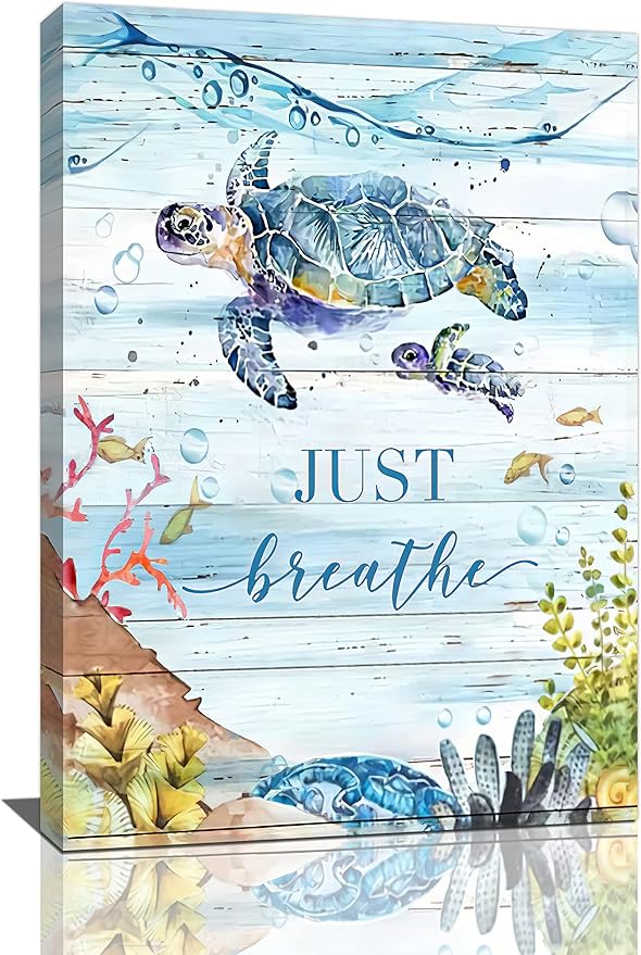 yerretin Nautical Sea Turtle Wall Art Ocean Just Breathe Pictures Wall Decor Beach Canvas Painting Modern Artwork Home Decoration for Bathroom Living Room Bedroom Office Framed 16"x24"