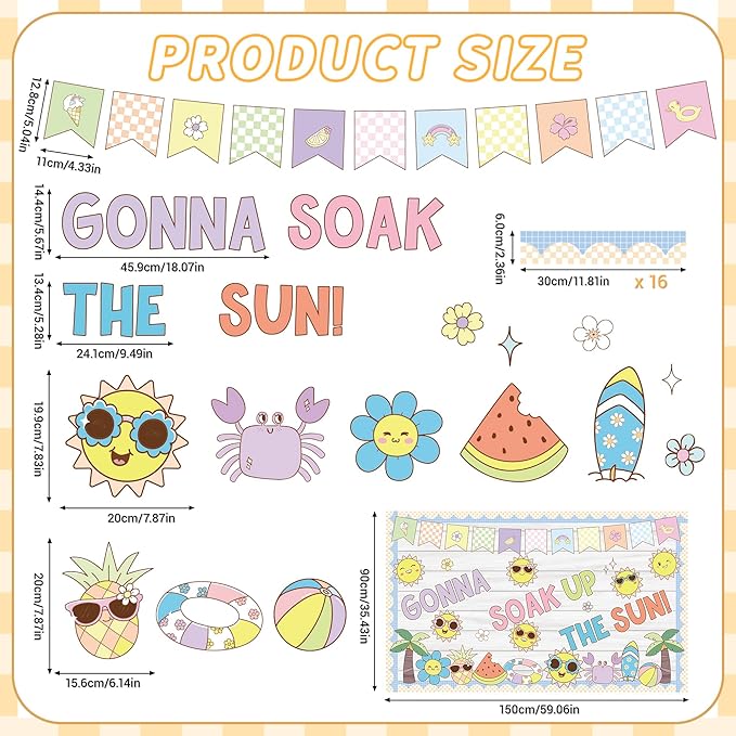 Sun Theme Bulletin Board Set Groovy Summer Classroom Decoration Gonna Soak up The Sun Sunshine Beach Cutouts for Summer School Classroom Back to School Wall Window Blackboard Whiteboard Door Decor