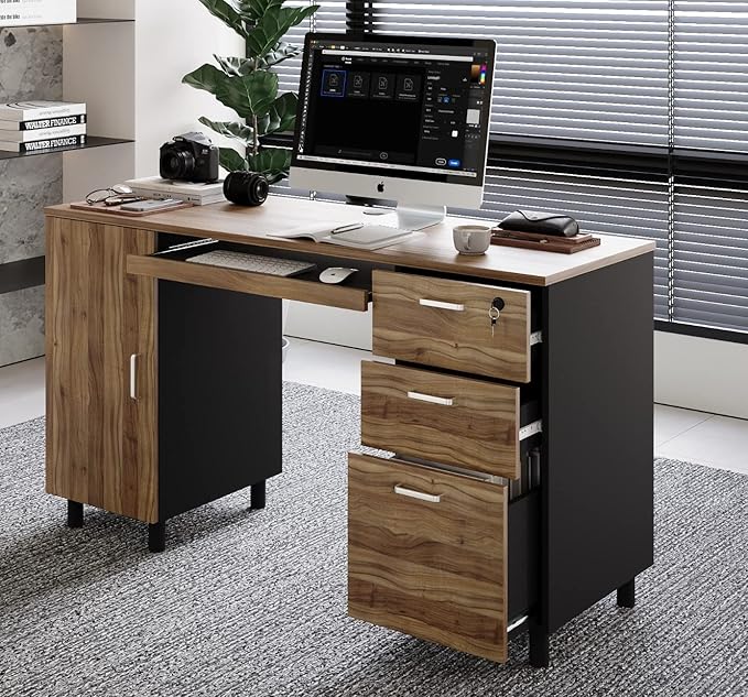 Modern Design Venice Computer Office Desk with 3 Locking Drawers and Storage Cabinet, 53 Inch Home and Office Executive Walnut and Black Desk with Keyboard Tray by Crafts and Comfort