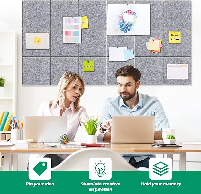 Large Cork Board Alternative - 11.8"x11.8"x0.35" 12 Pack Felt Wall Tiles Self-Adhesive Safe Removable Large Corkboard Bulletin Board Felt Cork Board for Walls or Office 48 x 36-Light Gray