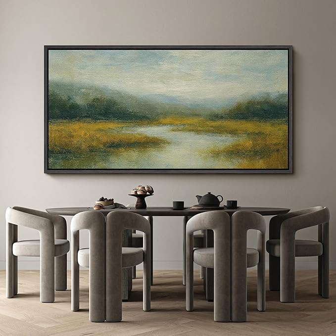 SIGNFORD Extra Large Framed Canvas Misty Meadow River Landscape Illustrations Modern Art Calm Warm for Living Room, Bedroom, Office - 60"x30"