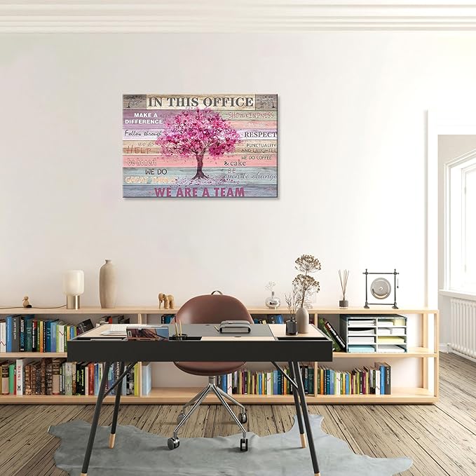 Office Wall Decor Inspirational Wall Art for Office Motivation Positive Quotes Wall Decor for Women Pink Tree Signs Picture Prints for Home 24x16in Framed