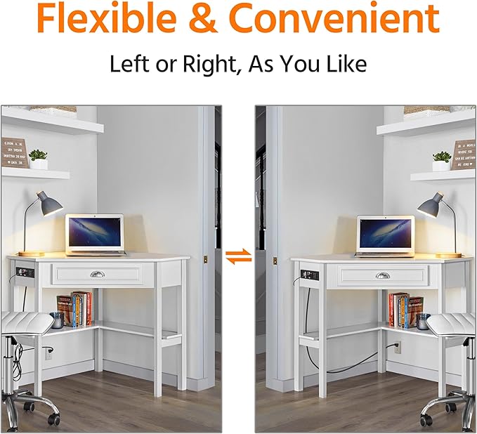 Yaheetech L Shaped Corner Computer Desk with Power Outlets, Reversible Triangle Workstation with USB Ports and Hook for Small Space, Modern Home Office Desk Gaming Table with Drawer & Shelf, White