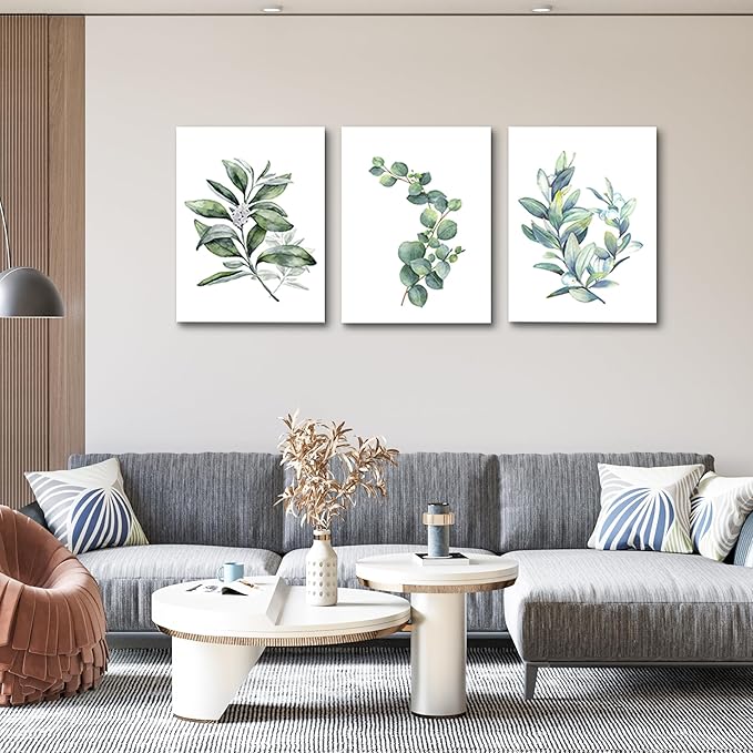 Green leaves Plants Canvas Wall Art for Living Room modern Bathroom Wall Decor for Bedroom Kitchen Home Decorations 3 panel Watercolor painting Canvas Prints Posters Artwork office mural Art works